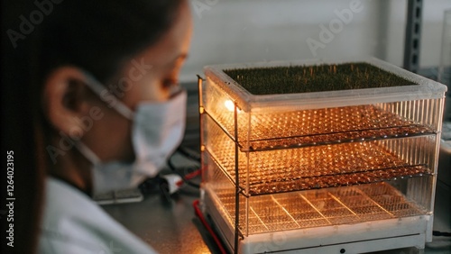 A researchers face partially obscured by a protective mask illuminated by the glow of an incubator filled with genetically altered seeds displaying a mix of anticipation and