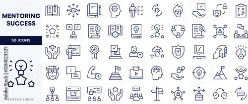 Collection of mentoring success icons showcasing diverse themes of growth and guidance.