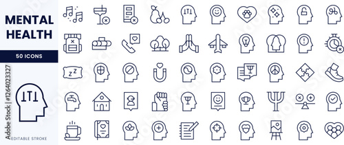 A collection of outline icons representing various aspects of mental health, including therapy, mindfulness, and emotional well-being.