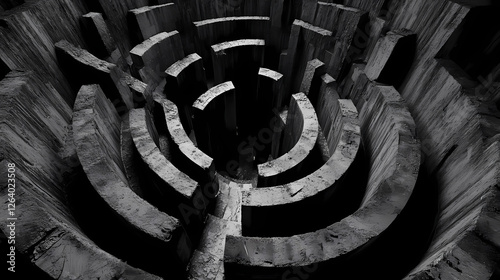 Enthralling labyrinth, fictional architectural maze in dystopian underground world, full of mystery & fascinating details. Architectural Paradoxes. Illustration