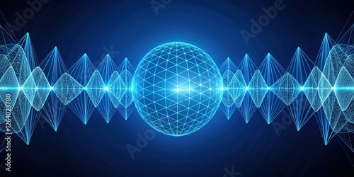 Geometric shapes with blue wireframe sound waves , audio frequency
