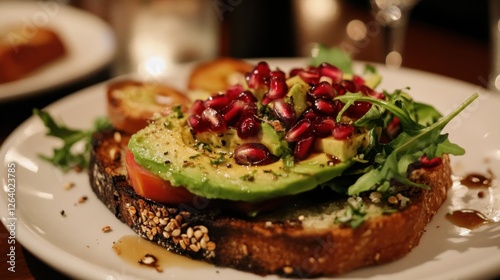 A healthy open-faced sandwich with avocado, greens, and pomegranate seeds on whole grain bread. photo