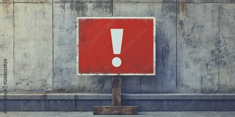 Close-up of a vibrant red rectangle, spotlighting a stark white exclamation mark at its heart against a textured gray concrete backdrop Close-up of a vibrant red rectangle, spotlighting a stark white exclamation mark at its heart against a textured gray concrete backdrop