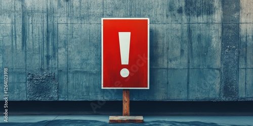Close-up of a vibrant red rectangular sign emblazoned with a striking white exclamation mark. It sits against a gritty, textured gray concrete wall, adding a dynamic contrast to the vivid display.   photo