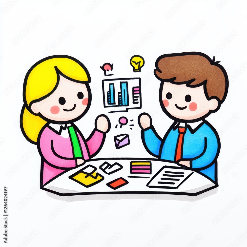 Colorful business meeting illustration with diverse characters discussing data and strategies for growth and success Colorful business meeting illustration with diverse characters discussing data and strategies for growth and success