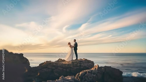 A bride and groom stand on a rocky cliff overlooking the ocean at sunset, romantic and scenic