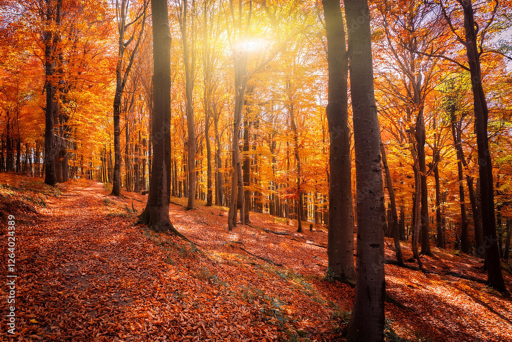 Fototapeta premium Tranquil Orange autumn forest trees, fallen leaves. Royalty high-quality free best stock of Beautiful forest in the bright sunshine of the sun. Peaceful landscape nature, scenery, Colorful foliage