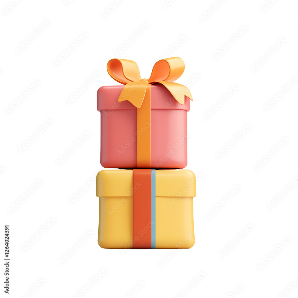 Obraz premium Gift of Joy: Two beautifully wrapped presents with vibrant ribbons, a pink gift box atop a yellow one, symbolizing happiness and celebration. 