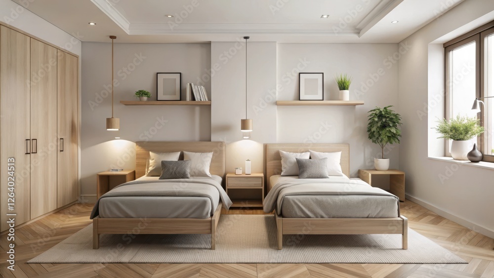 Fototapeta premium Simple modern bedroom interior with two single beds and a minimalist decor, neutral colors
