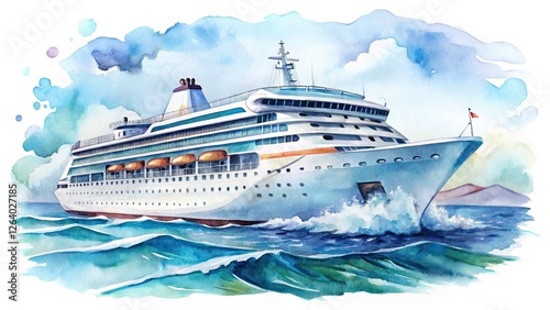 Watercolor Cruise Ship, Hand-Drawn Sea Voyage Clipart, Nautical Travel Illustration, Ocean Liner Art