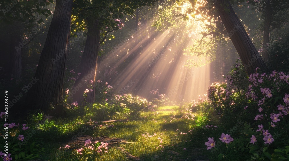 Obraz premium A lush forest with sun rays breaking through tall trees, casting a warm glow on the vibrant green forest floor