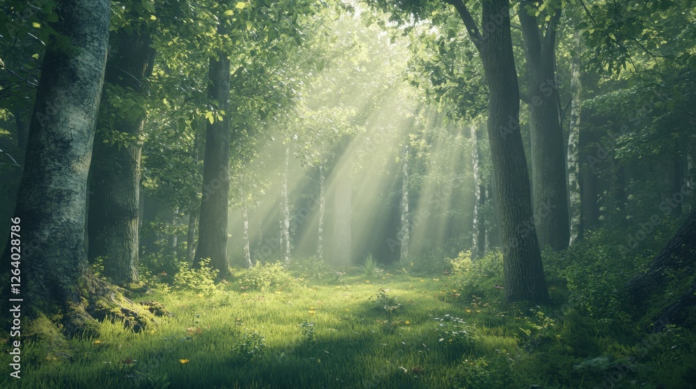 A lush forest with sun rays breaking through tall trees, casting a warm glow on the vibrant green forest floor A lush forest with sun rays breaking through tall trees, casting a warm glow on the vibrant green forest floor