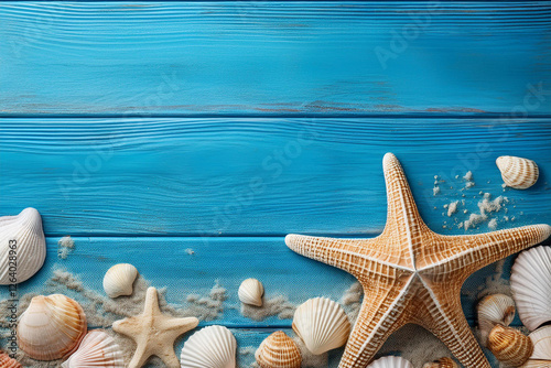 Beach scene concept travel summer backgrounds. Royalty high-quality free best stock of starfish, sea shells, sand on blue wooden background, copy space empty for design banner, poster, backdrop