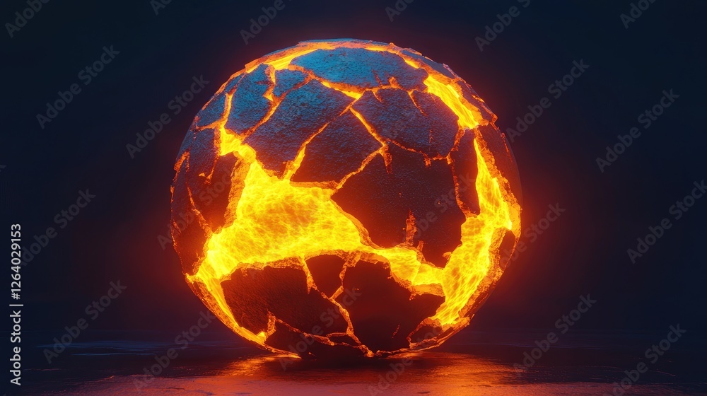 Fototapeta premium A glowing cracked globe with rising heat waves, representing global warming and environmental issues in a captivating 3D abstract design.