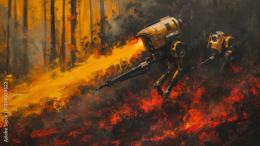 Two heavily armed combat robots traverse a fiery battlefield, their weapons glowing with intense energy. The dystopian setting highlights the power of future warfare technology. AI generated. Two heavily armed combat robots traverse a fiery battlefield, their weapons glowing with intense energy. The dystopian setting highlights the power of future warfare technology. AI generated.