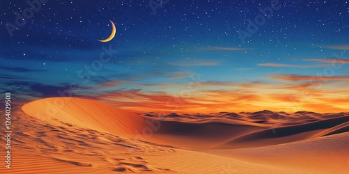 A vibrant sunset bathes a vast desert in hues of deep blue, golden orange, and soft yellow. The distant sun casts a warm glow over endless dunes, creating a serene yet captivating scene photo