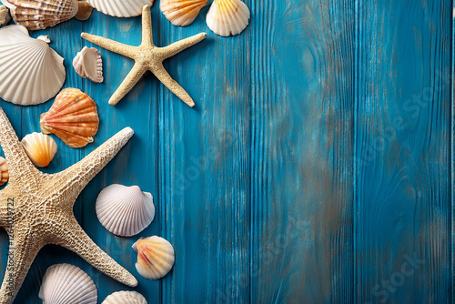 Beach scene concept travel summer backgrounds. Royalty high-quality free best stock of starfish, sea shells, sand on blue wooden background, copy space empty for design banner, poster, backdrop