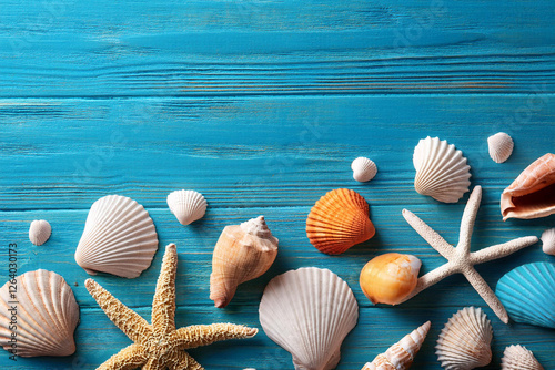 Beach scene concept travel summer backgrounds. Royalty high-quality free best stock of starfish, sea shells, sand on blue wooden background, copy space empty for design banner, poster, backdrop