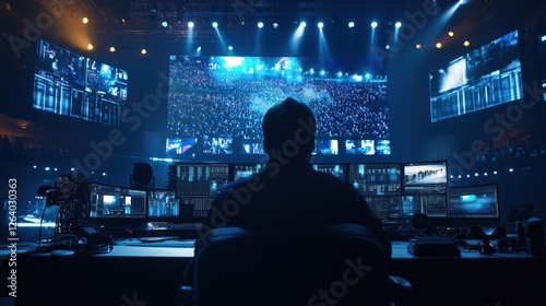 An operator seated in front of a large video switcher effortlessly transitioning between multiple live video sources. Surrounding him are wallmounted displays showing varying angles