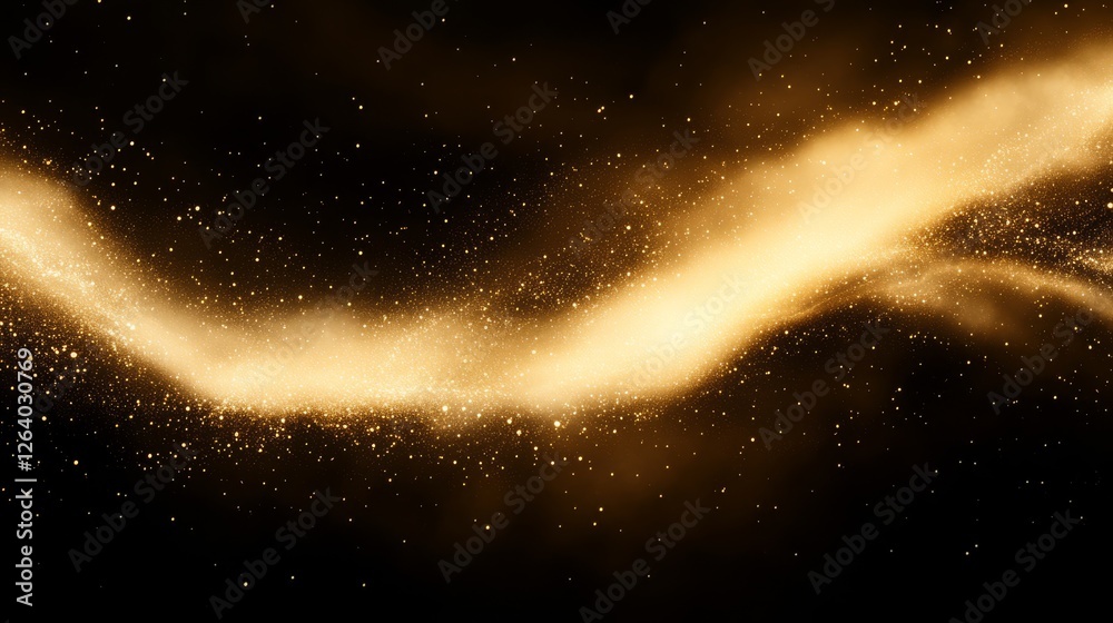 Fototapeta premium Gold dust swirling in the air with soft focal lighting, space for text.