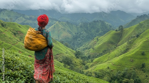 Woman collecting tea leaves in the state of meghalaya with a yellow bag on her back