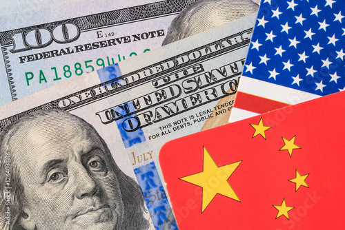 Us and chinese currency with national flags displayed together