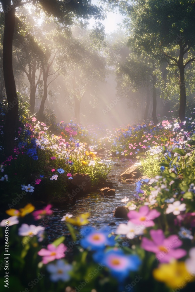 Obraz premium Beautiful colorful wild flowers in deep foggy forest with sun light in Spring.