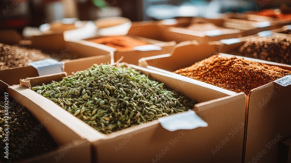 Box of imported spices with customs fees and increased costs labeled Box of imported spices with customs fees and increased costs labeled