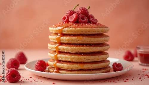 Stack of pancakes with raspberry jam and waffles with raspberries on a white plate for a delicious breakfast photo