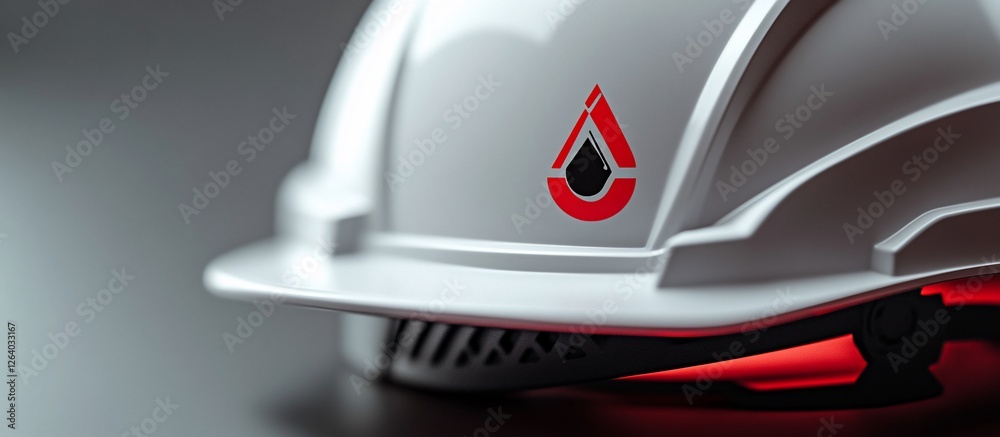 Fototapeta premium Close-up of a white safety helmet with a red logo on a dark background, emphasizing safety