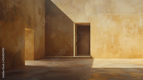 A single door standing alone in the middle of an empty bare room with no walls or way out symbolizing feelings of hopelessness entrapment and a lack of escape or. Architectural Paradoxes. Illustration