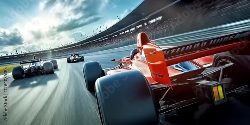 High-speed racing cars on a track under a partly cloudy sky, vivid colors and motion blur of cars create excitement