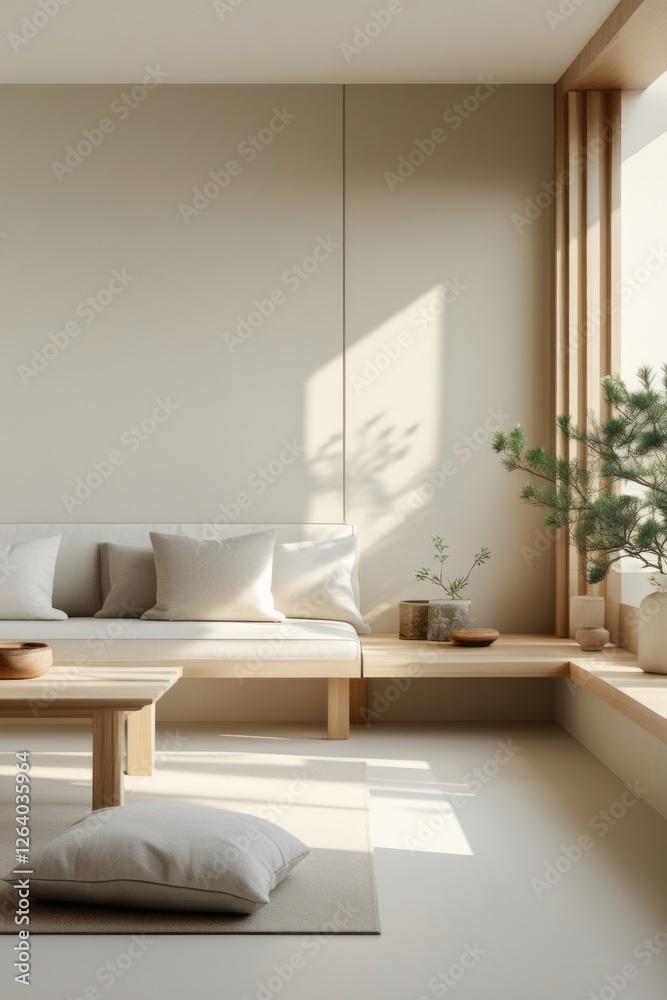 Fototapeta premium Minimalist Living Room With Neutral Tones and Natural Light