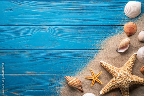 Beach scene concept travel summer backgrounds. Royalty high-quality free best stock of starfish, sea shells, sand on blue wooden background, copy space empty for design banner, poster, backdrop