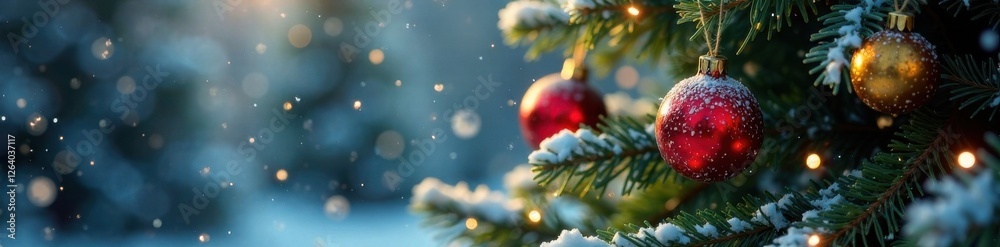 Obraz premium Winter snowflakes gently falling on a festive holiday tree, tree, winter, ornaments