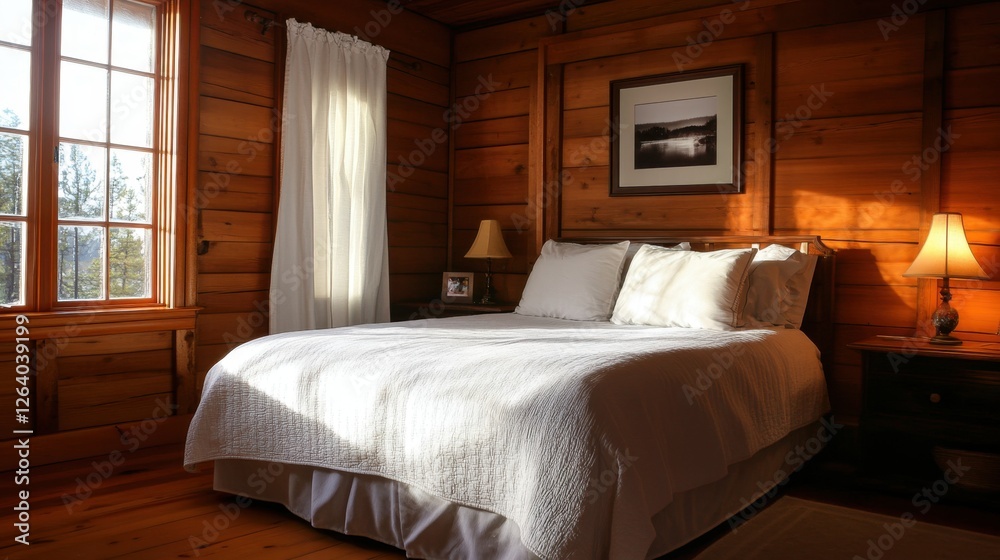 A peaceful bedroom with wooden walls and a chic lamp, offering a cozy and stylish retreat A peaceful bedroom with wooden walls and a chic lamp, offering a cozy and stylish retreat