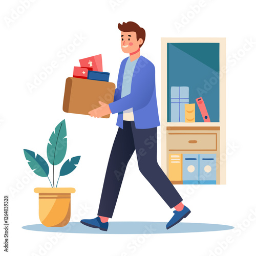 A man walks out of an office space carrying a cardboard box filled with personal items, appearing to have been let go from his job. The setting is casual with office furniture in view