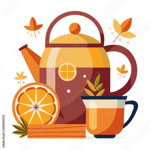 A bright kettle steams as it brews hot tea infused with winter spices. Slices of orange and cinnamon sticks accompany a warm cup, evoking a cozy winter vibe