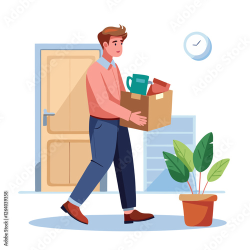 A man carries a cardboard box filled with personal items while exiting his office. It looks like he has been let go, and the time is early afternoon