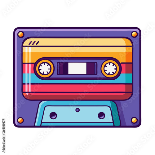This artwork displays a brightly colored music cassette tape featuring bold stripes. The design captures the retro essence of cassette tapes, evoking nostalgia for the golden age of music