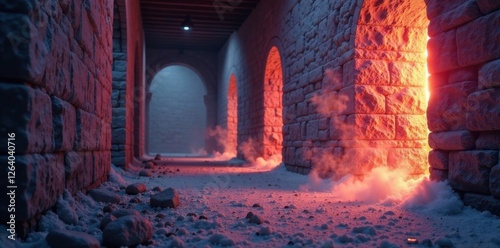 wispy tendrils of luminescent mist caress weathered walls , light, eerie, architecture
