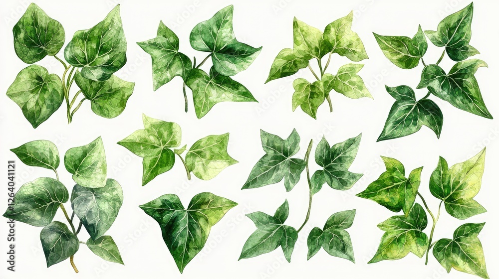 A collection of vibrant green ivy leaves arranged artistically on a light background, showcasing nature's beauty A collection of vibrant green ivy leaves arranged artistically on a light background, showcasing nature's beauty
