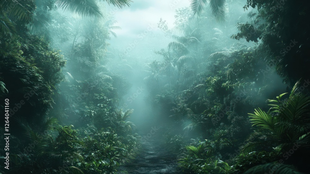A dense and misty jungle with a variety of trees and plants. A dense and misty jungle with a variety of trees and plants.