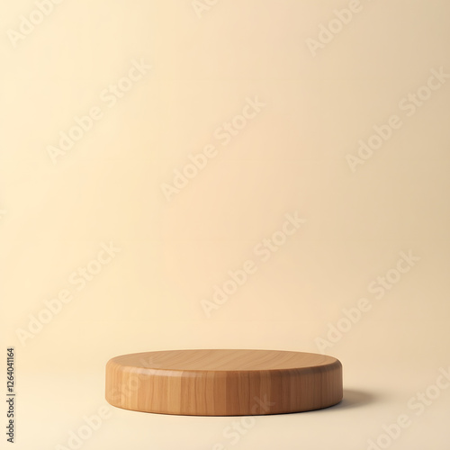Neutral beige background with minimalist wooden platform for product placement or artistic display
