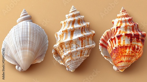 Three intricately designed seashells displayed on a soft beige background, showcasing their unique textures and colors