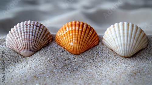 Three colorful seashells arranged on sandy beach with soft waves in the background