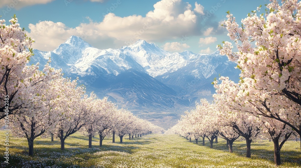 Enchanting Spring Blossoms: A Serene Mountain Landscape Enchanting Spring Blossoms: A Serene Mountain Landscape
