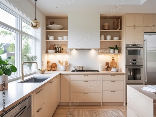 Modern Light Beige Kitchen With Open Shelving And Gold Accents