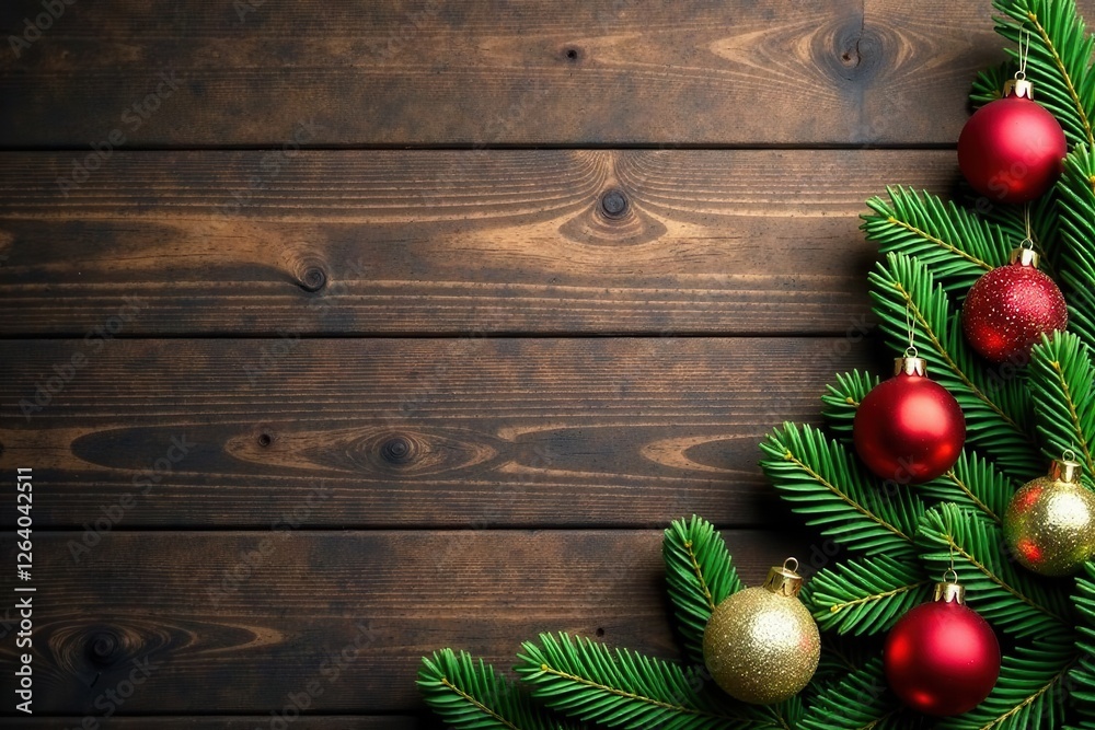 Wooden background with Christmas tree and ornaments, Christmas, holly, presents Wooden background with Christmas tree and ornaments, Christmas, holly, presents