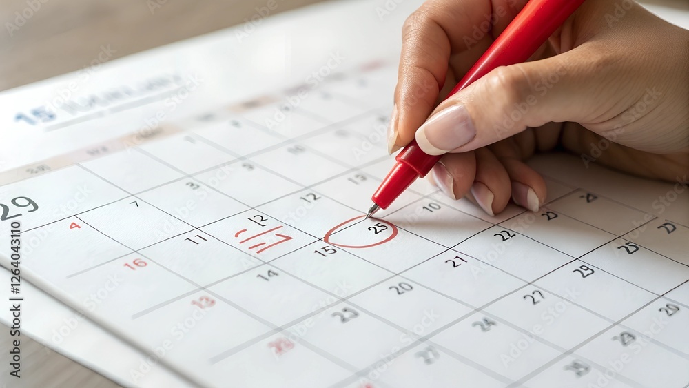 Calendar date marked with a red pen, scheduling or reminder. Planning and organization concept. Calendar date marked with a red pen, scheduling or reminder. Planning and organization concept.